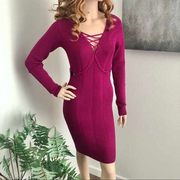 Guess Burgundy Long Sleeve Ribbed Sweater Dress - Picture 12 of 12